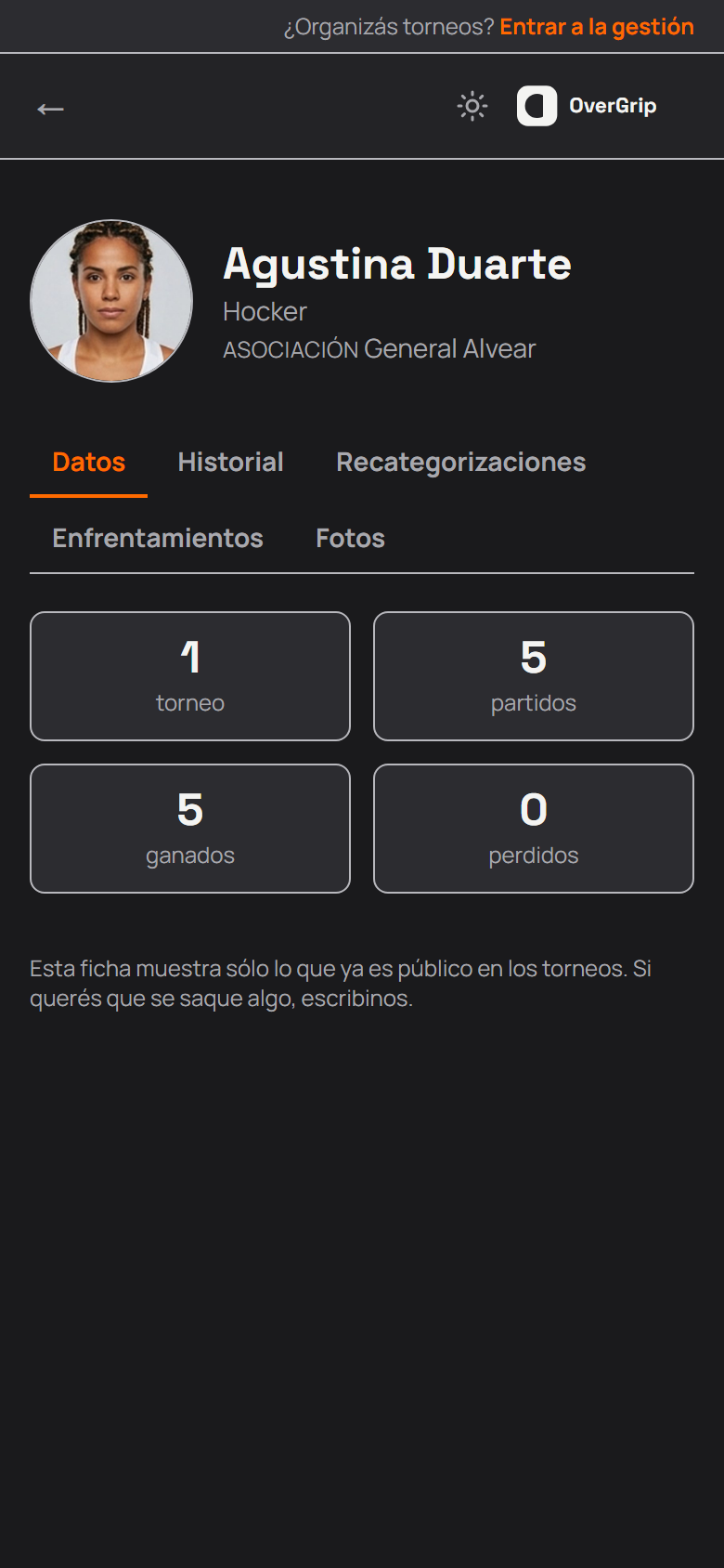 Ficha del jugador en el celular: categoría, historial y enfrentamientos